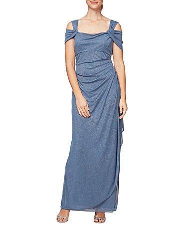 Alex Evenings Glitter Mesh Cowl Neck Cold Shoulder Cap Sleeve Side Slit Ruched Gown Product Image