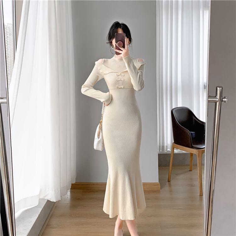 Long-Sleeve Cold-Shoulder Plain Bow Ribbed Knit Midi Mermaid Dress Product Image