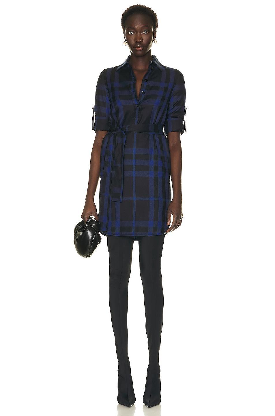 Burberry Kari Check Shirt Belted Dress in Blue Product Image