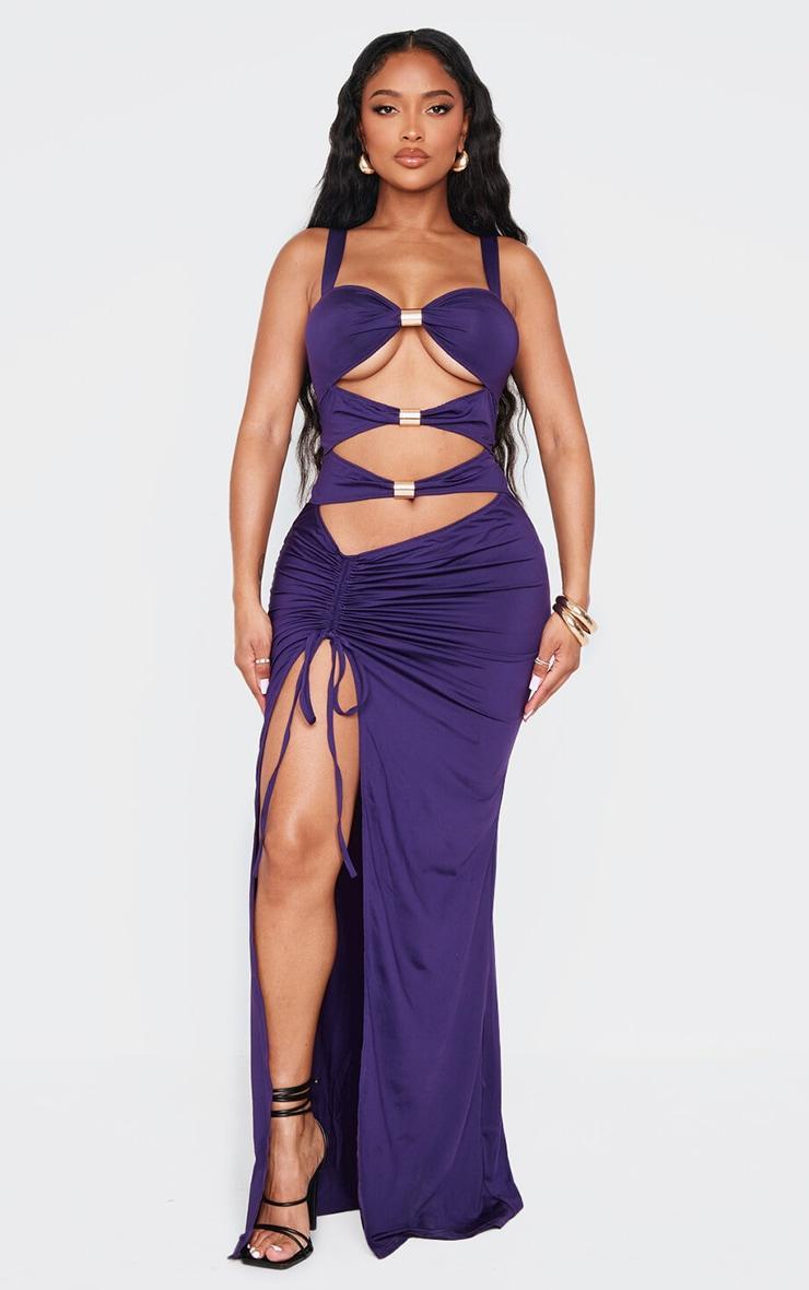 Shape Purple Cut Out High Leg Maxi Dress With Gold Trim Product Image