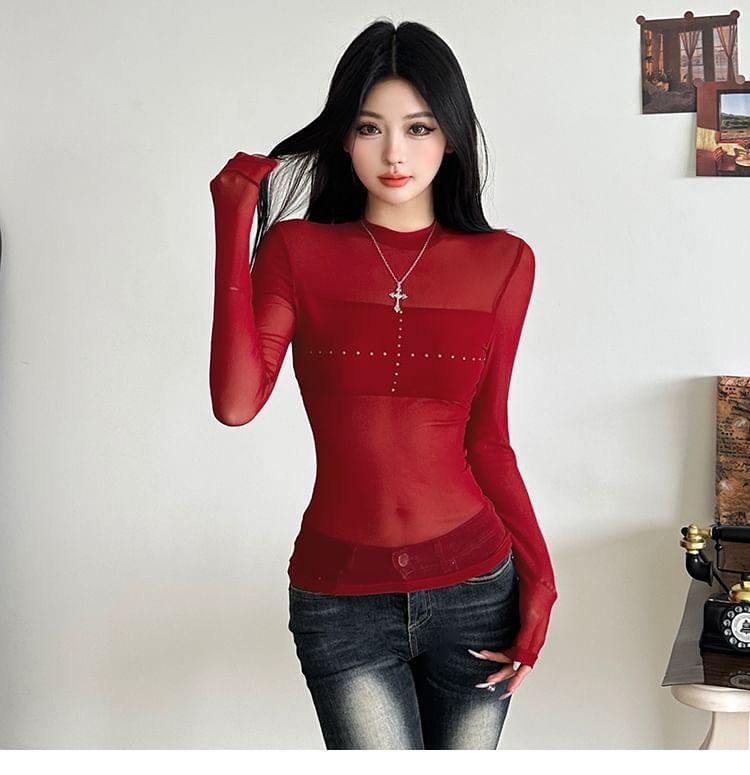 Long-Sleeve Mock Neck Cross Rhinestone Mesh Slim Fit Top Product Image