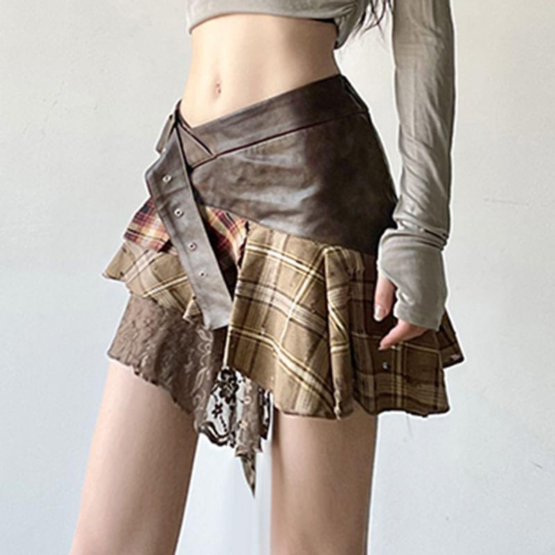 Low Rise Plaid Panel Asymmetrical Mini Skirt Product Image