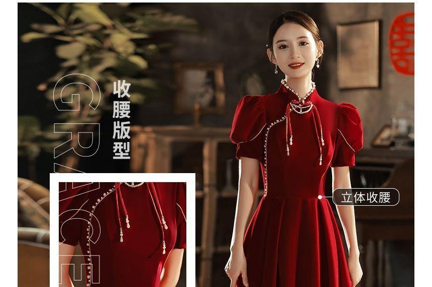 Mandarin Collar Faux Pearl Velvet A-Line Evening Gown / Midi Cocktail Dress Product Image