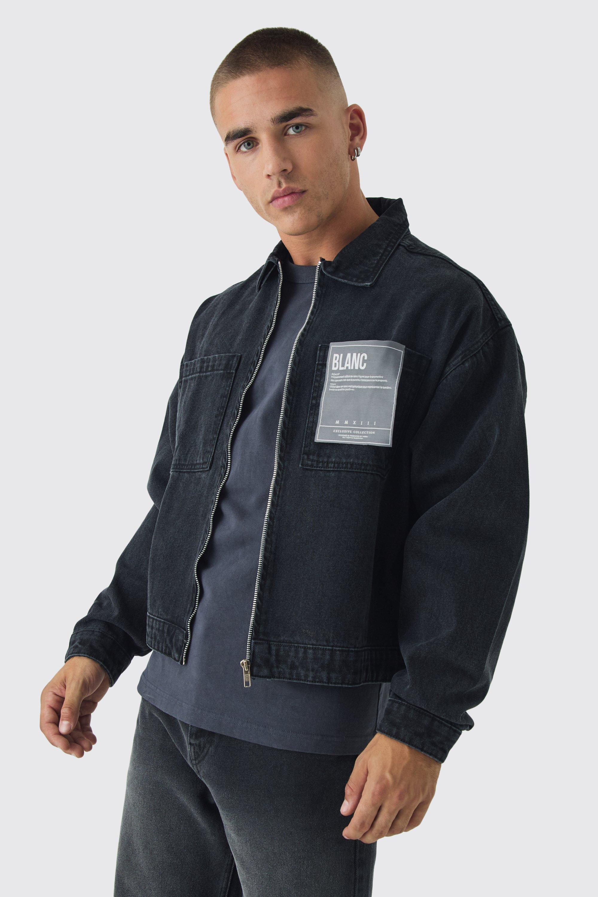 Boxy Fit Jean Jacket With Woven Label | boohooMAN USA Product Image