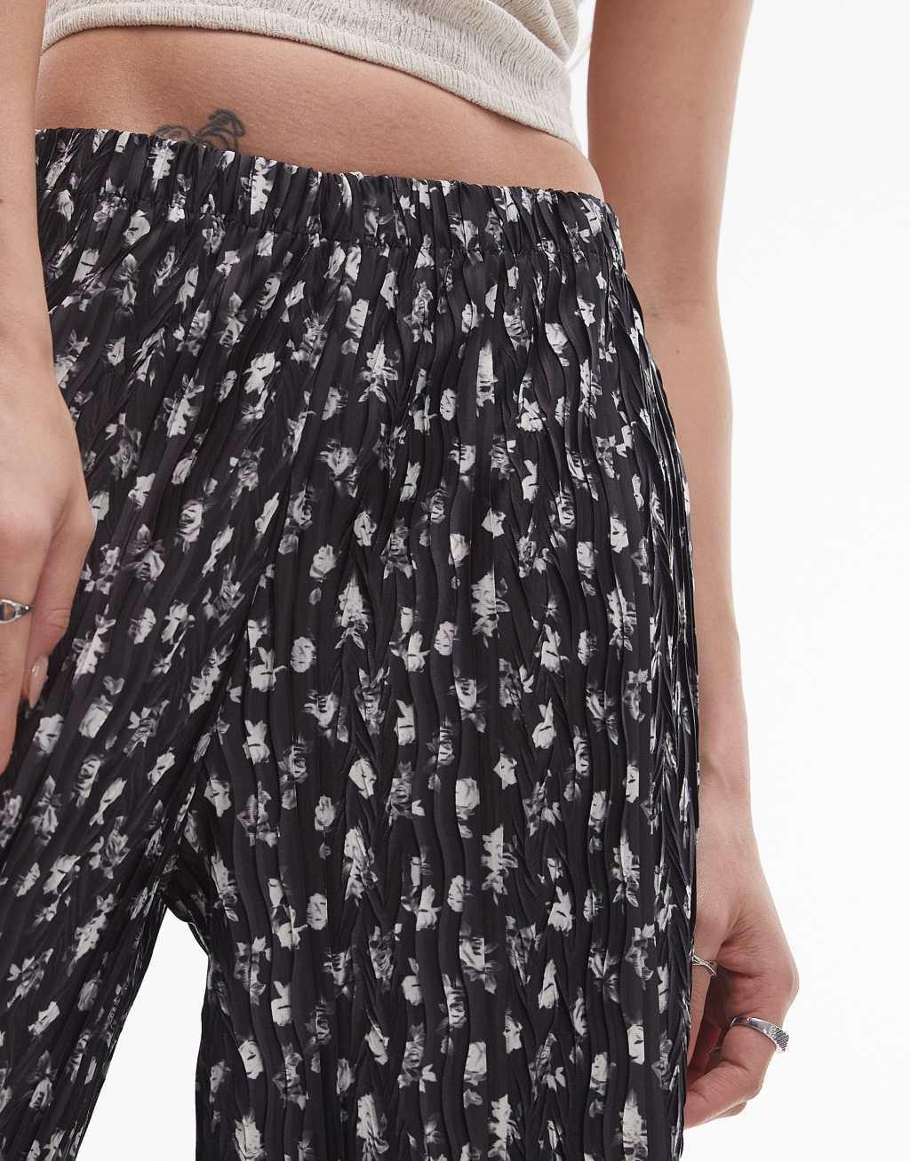 Topshop delicate floral crinkle plisse wide leg pants in black and white Product Image