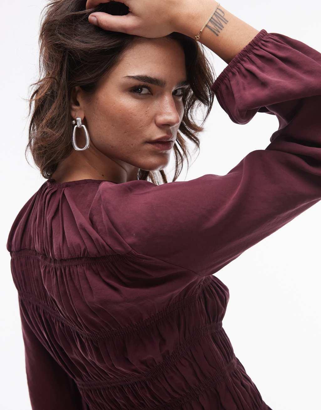 Topshop asymmetric shirred top in burgundy Product Image