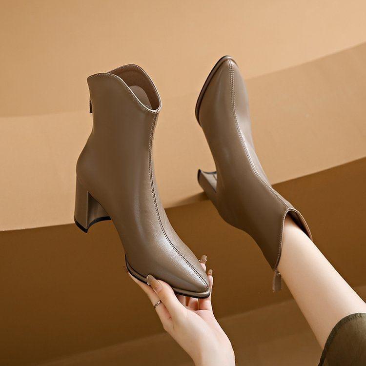 Block Heel Plain Pointy Short Boots Product Image