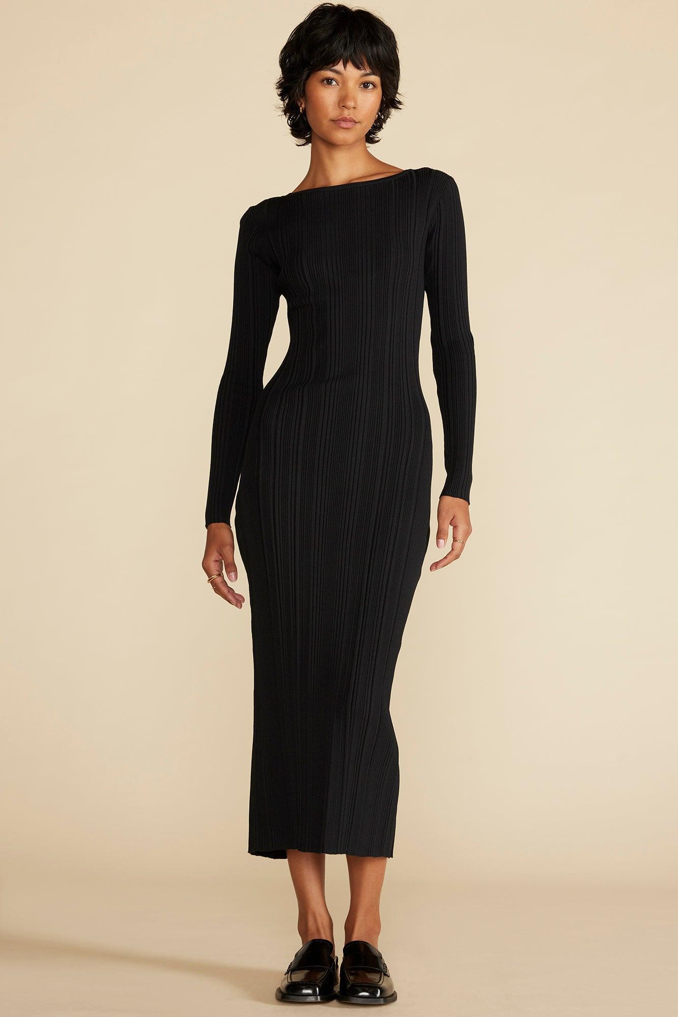 Chantae Ribbed Boatneck Dress - Black Product Image