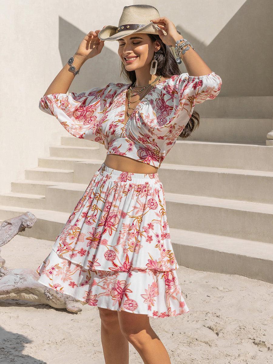 Printed Half Sleeve Top and Layered Skirt Set product image