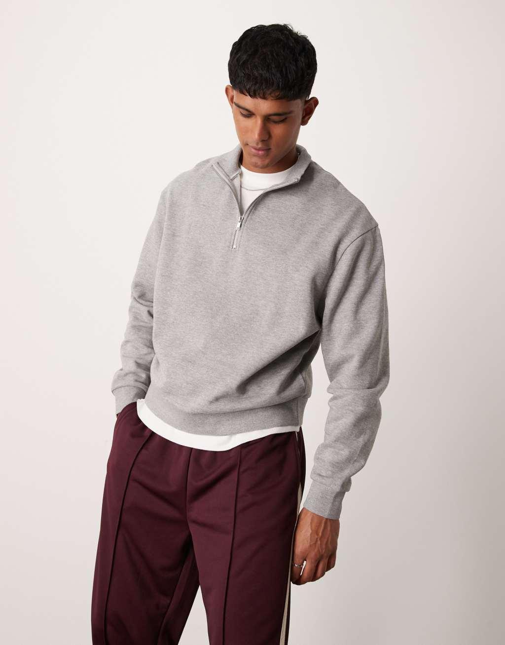 ASOS DESIGN essential boxy oversized sweatshirt with half zip in heather gray Product Image