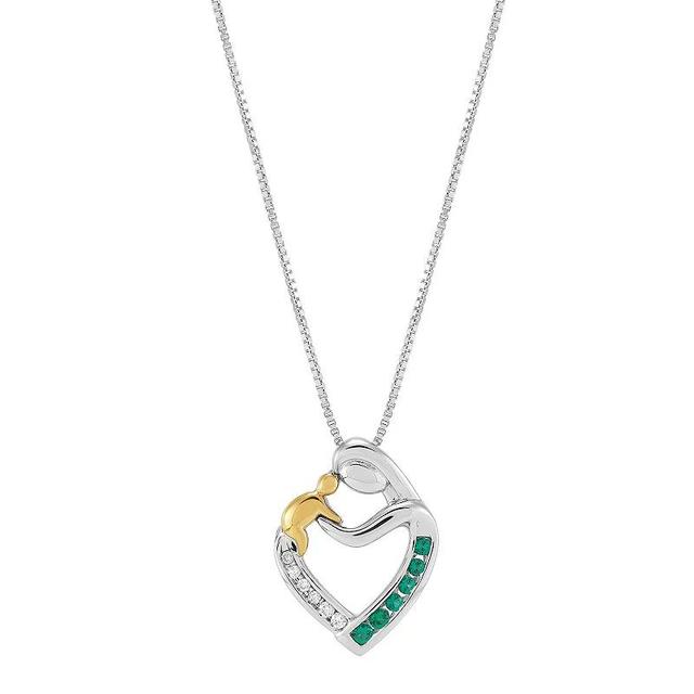 Sterling Silver and 14k Yellow Gold Created Emerald and Diamond Accent Mother & Baby Pendant Necklace, Womens Green Product Image