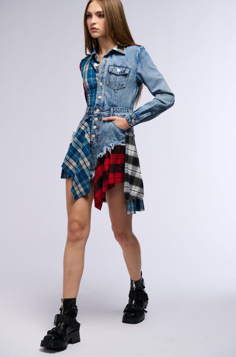 PATCHWORK PLAID DENIM MINI DRESS Product Image