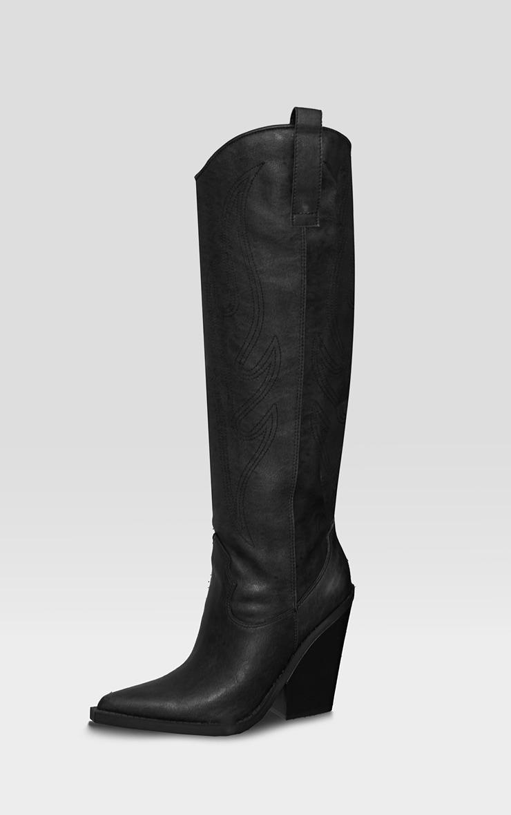 Black Distressed PU Point Toe Knee High Block Heel Western Boots Product Image