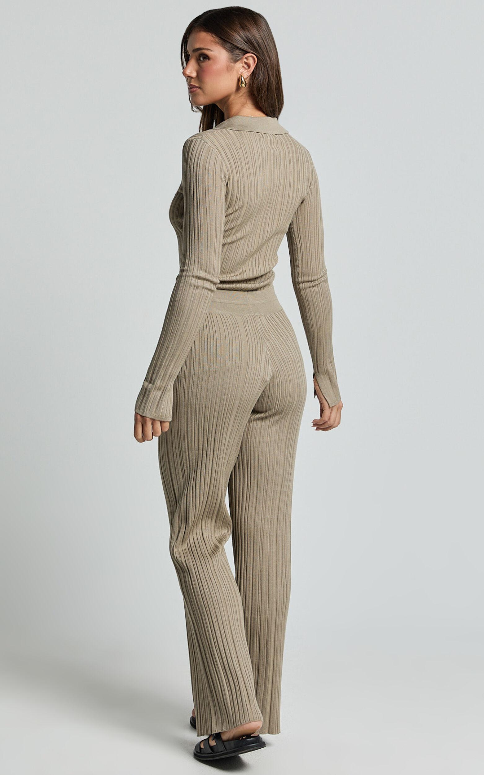 Kelsey Pants - High Drawstring Waist Knit Pants in Taupe Product Image