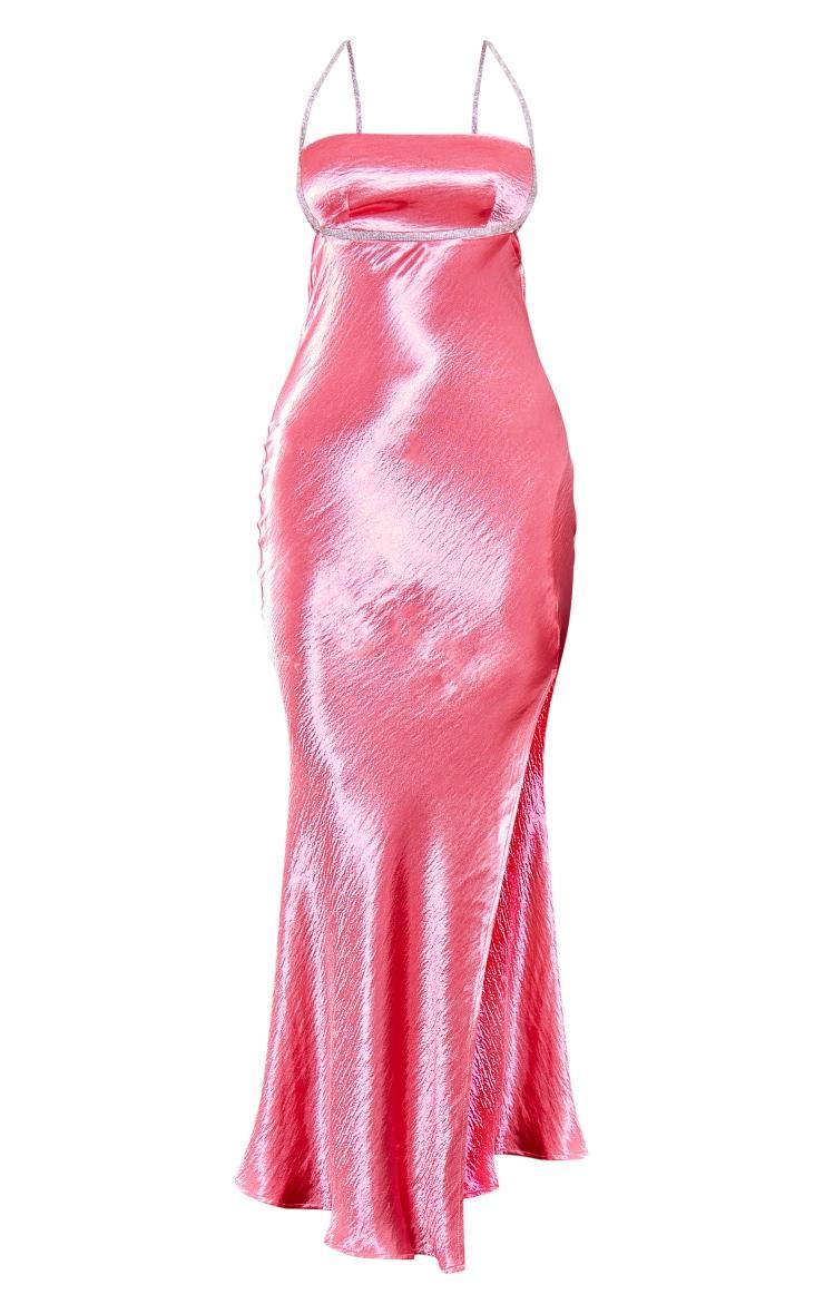 Pink Diamante Strap Halterneck Satin Maxi Dress Product Image