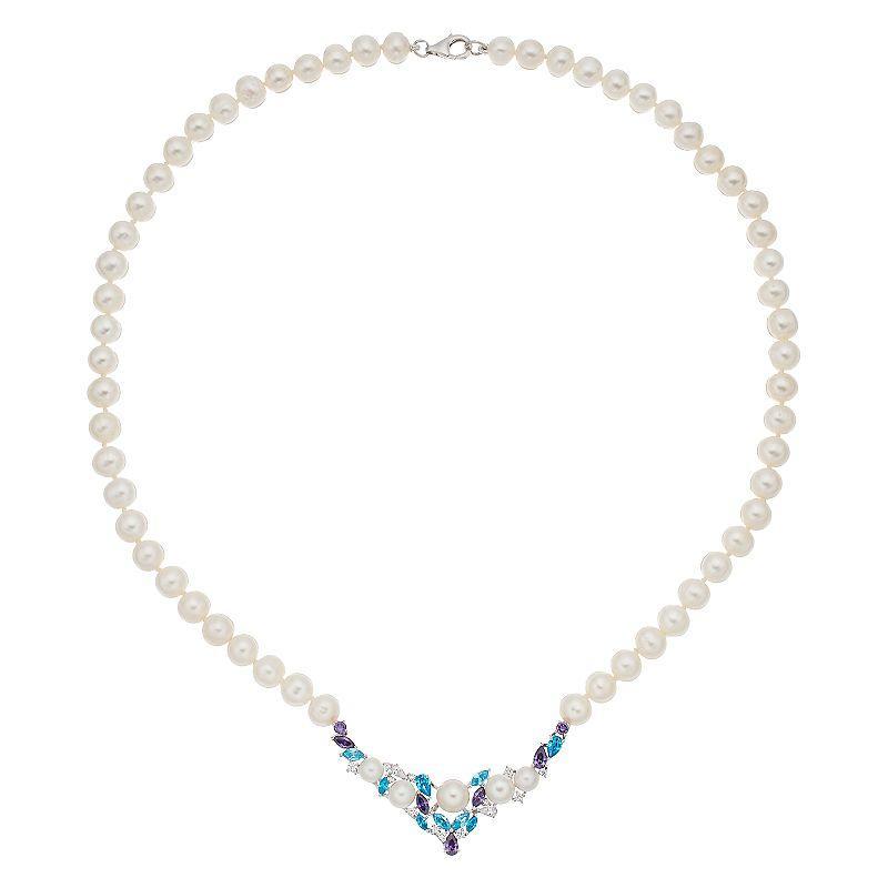 Sterling Silver Freshwater Cultured Pearl & Cubic Zirconia Necklace, Womens Product Image