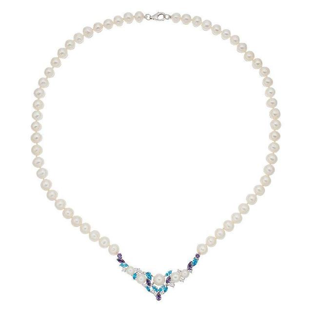 Sterling Silver Freshwater Cultured Pearl & Cubic Zirconia Necklace, Womens White Product Image