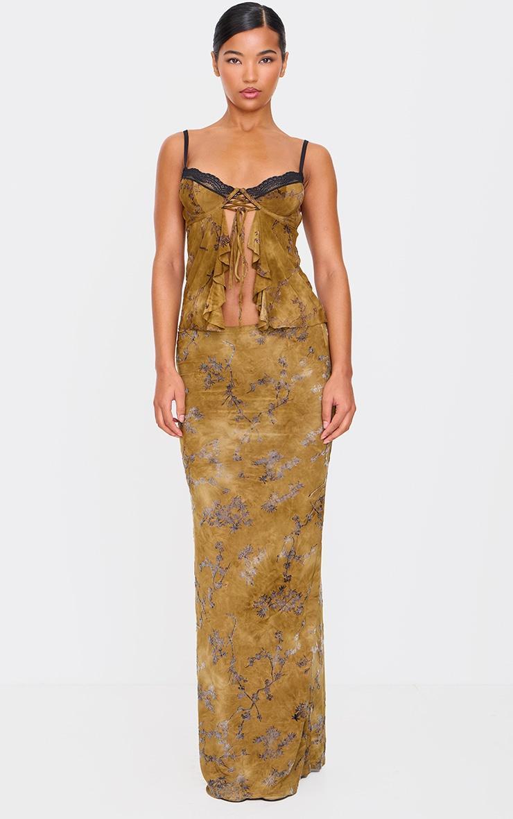 Olive Floral Devore Low Rise Maxi Skirt Product Image