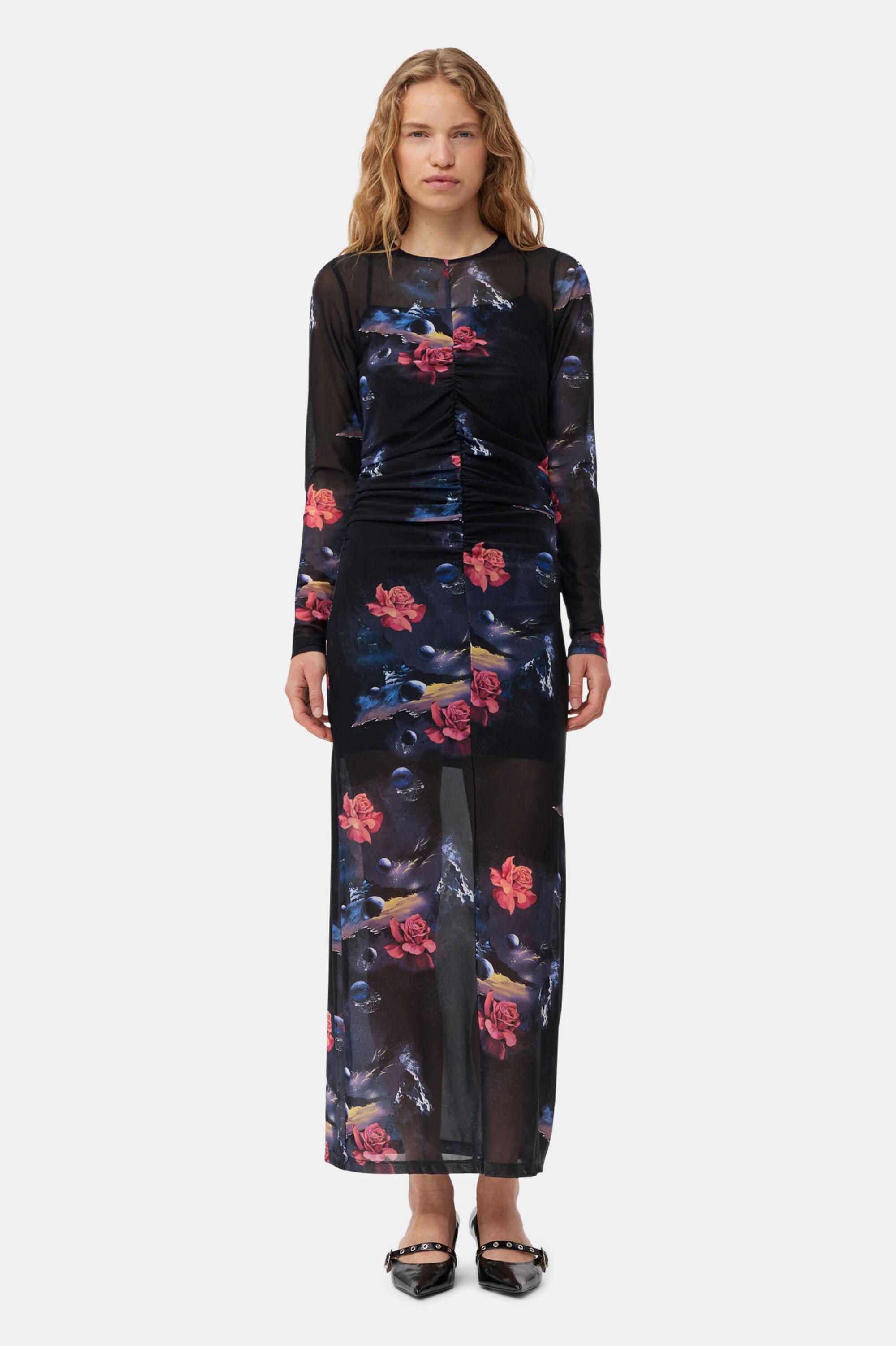 Printed Mesh O-neck Ruched Long Dress Product Image