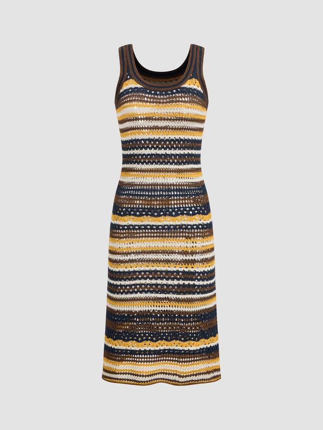 Knitted Scoop Neck Striped Crochet Midi Dress Product Image