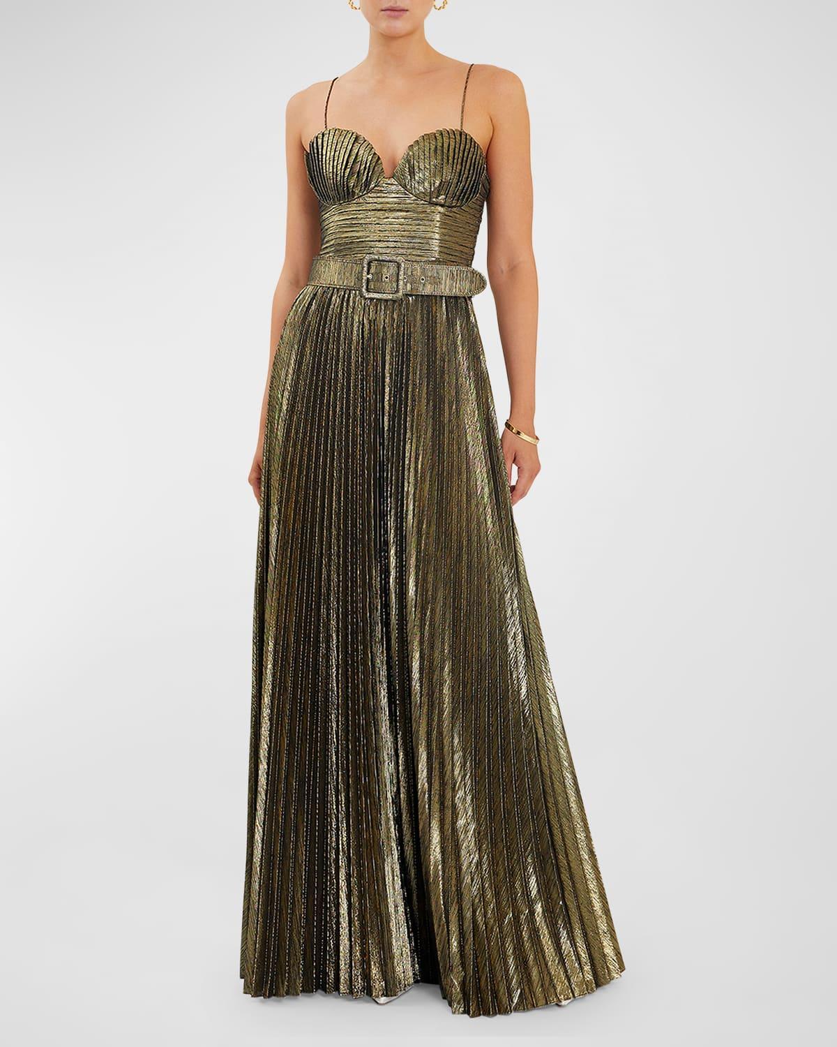 Rebecca Vallance Josie Belted Metallic Pliss Gown Product Image