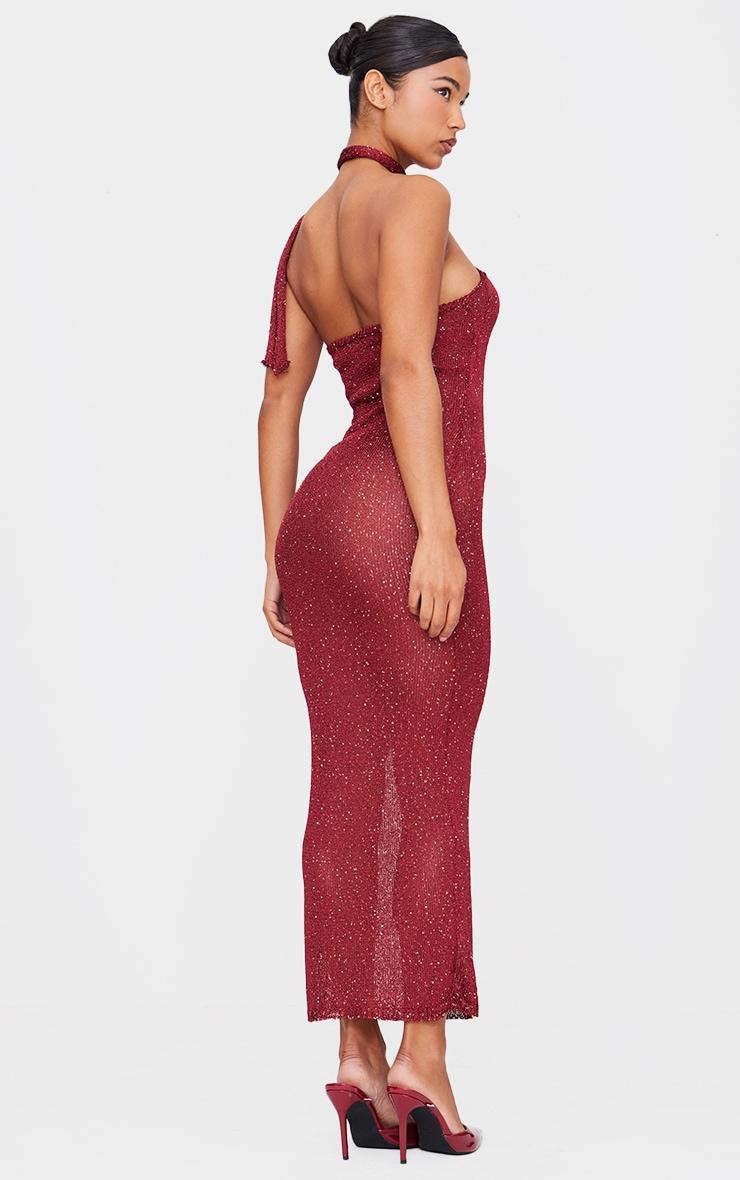 Wine Sequin Knit Tie Neck Maxi Dress Product Image