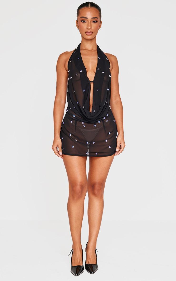 Petite Black Mesh Embellished Mini Dress Product Image