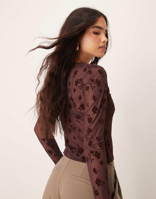 ASOS DESIGN flocked shrunken mesh cardigan in brown Product Image