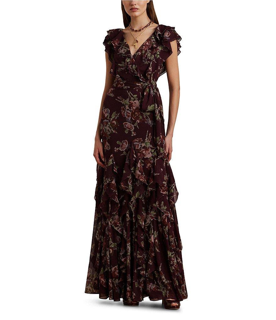 Lauren Ralph Lauren Darbilne Floral Crinkle Georgette V-Neck Flutter Sleeve Tie Waist Ruffle Gown Product Image