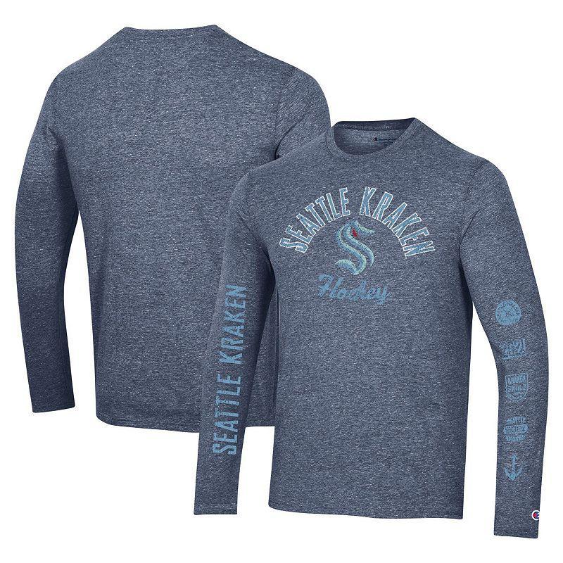 Mens Champion Heather Navy Seattle Kraken Multi-Logo Tri-Blend Long Sleeve T-Shirt Product Image