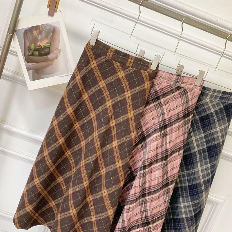 High Rise Plaid Midi A-Line Skirt Product Image