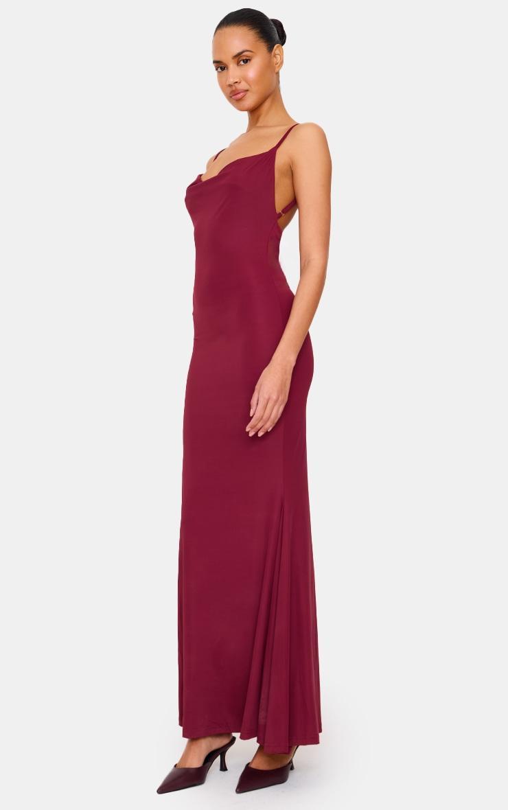 Burgundy Slinky Cowl Neck Lace Insert Detail Maxi Dress Product Image