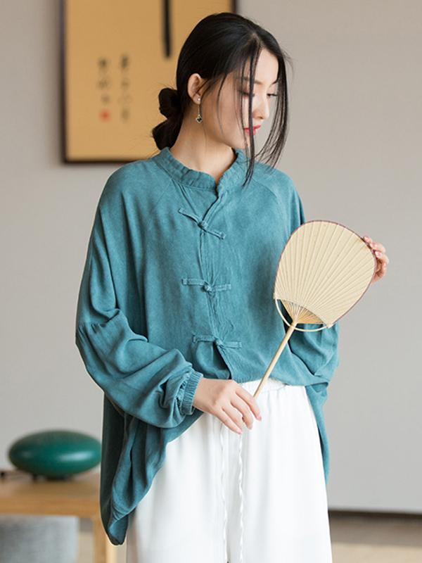 Artistic Retro Loose Long Sleeves Buttoned Solid Color Stand Collar Blouses&Shirts Tops Product Image