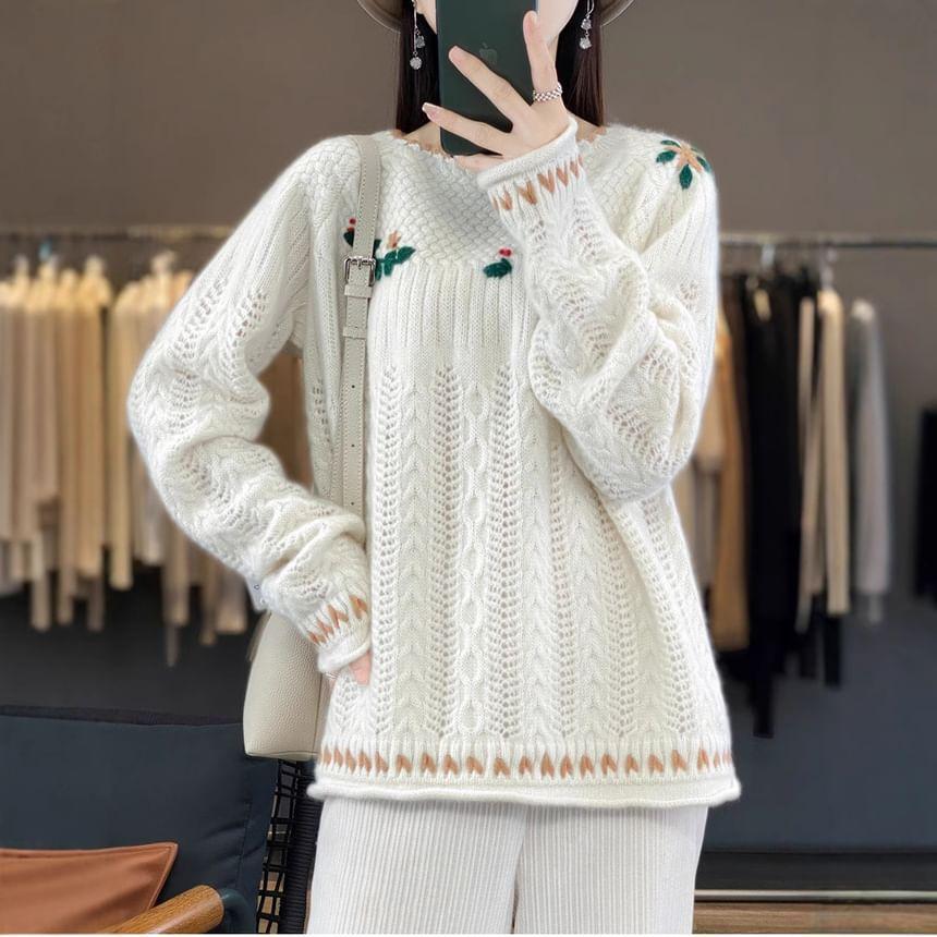 Crew Neck Flower Cable Knitted Oversized Sweater product image