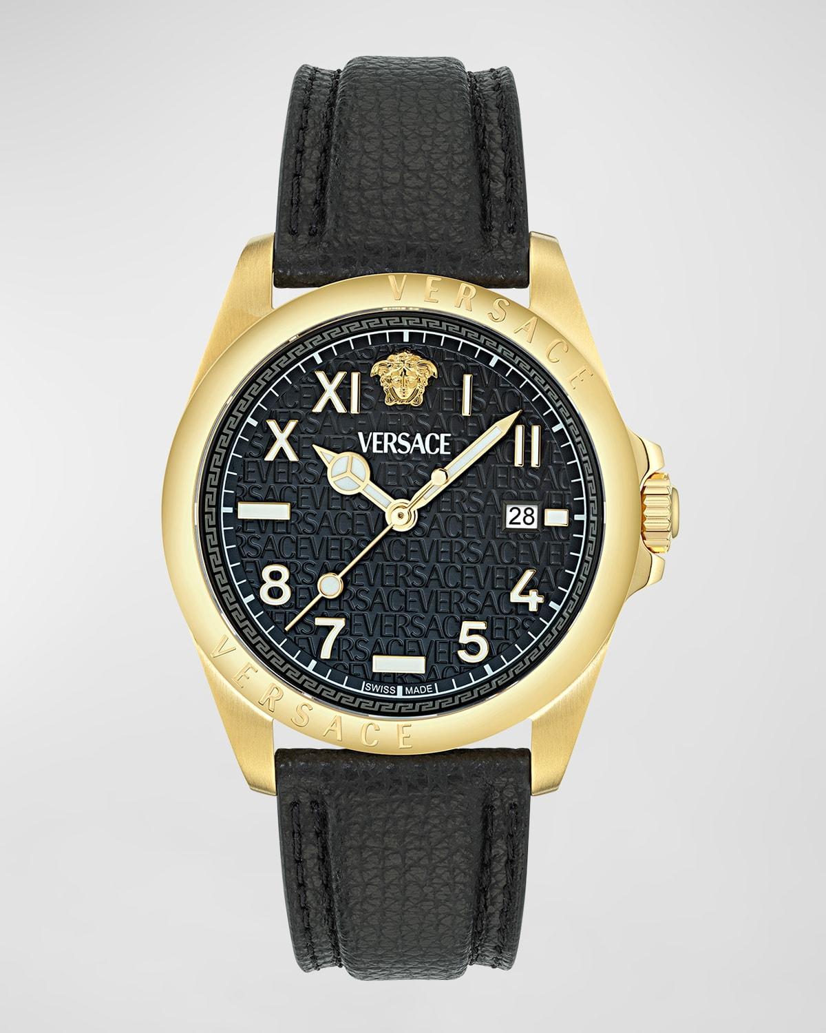 Versace Mens Swiss Black Leather Strap Watch 41mm - Gold Product Image