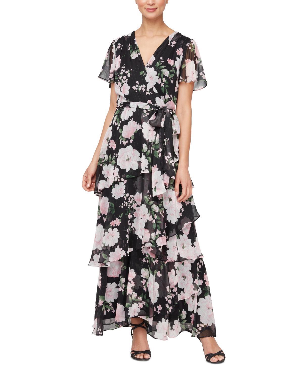 Sl Fashions Womens Printed Tie-Waist Chiffon Maxi Dress Product Image