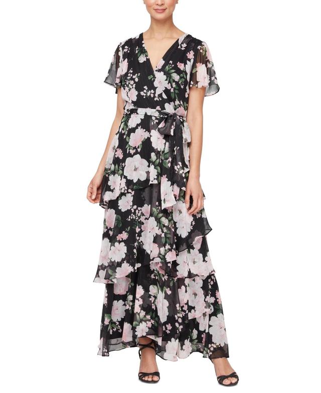 Sl Fashions Womens Printed Tie-Waist Chiffon Maxi Dress Product Image