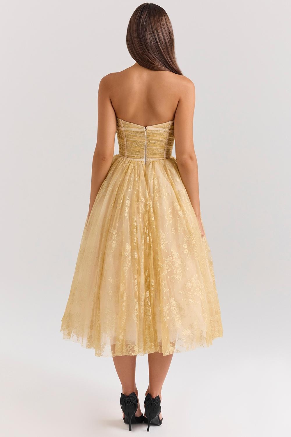 Madame Gold Metallic Lace Tulle Midi Gown Product Image