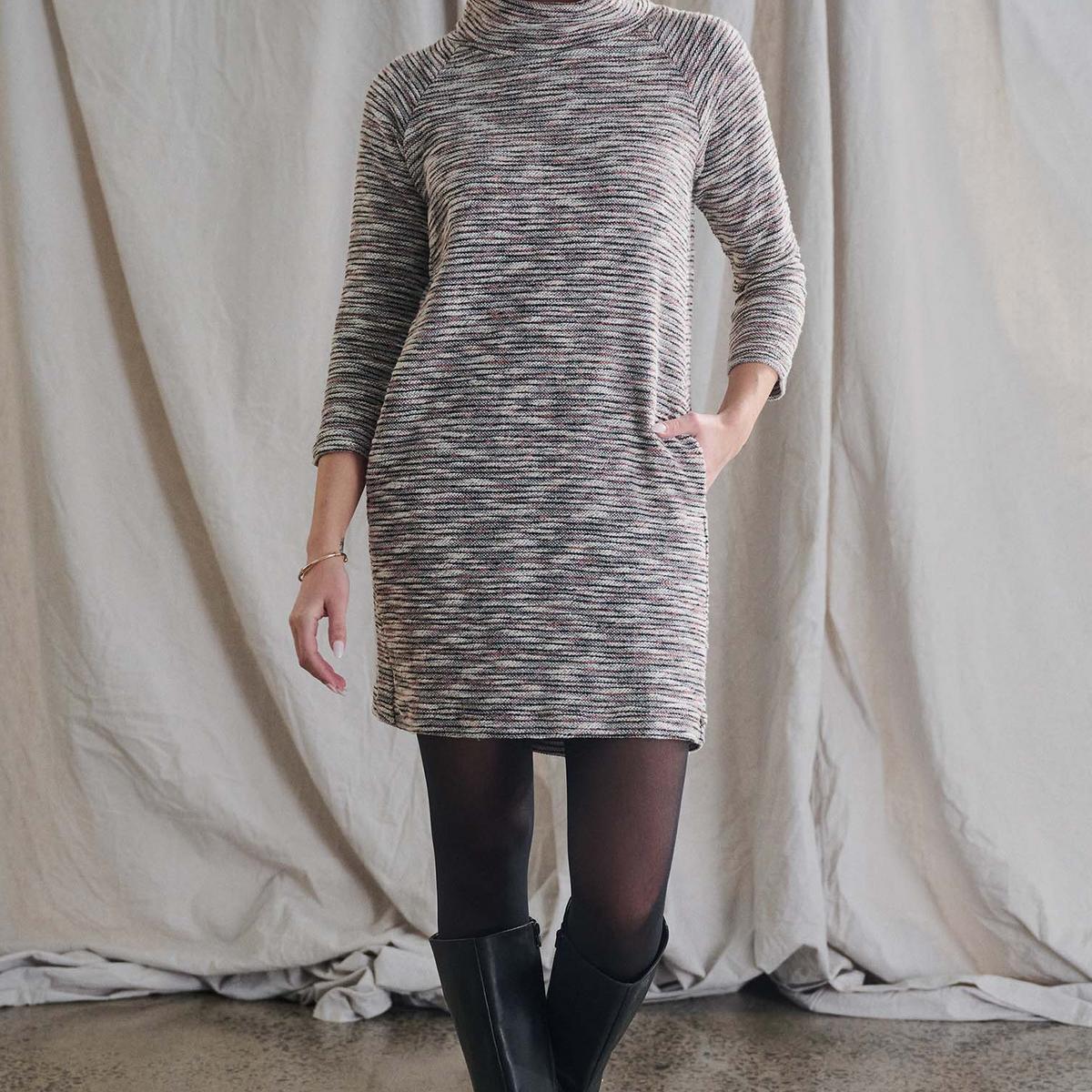 Draped Collar Dress - BOUCLE STRIPE Product Image