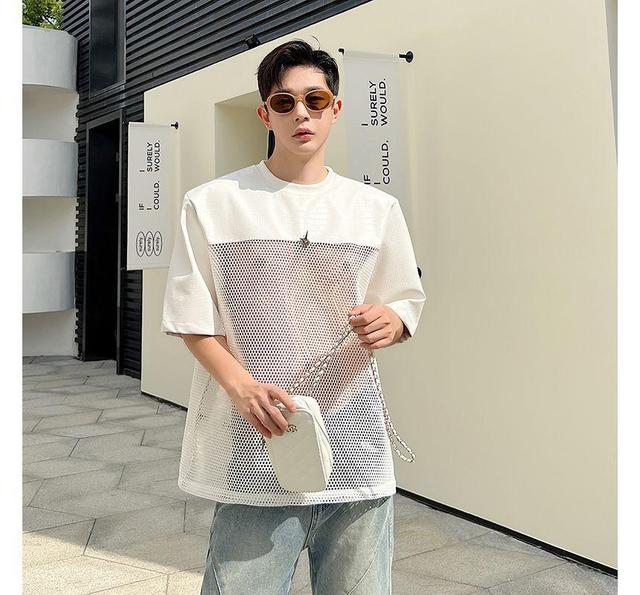 Short-Sleeve Crew Neck Plain Mesh Panel T-Shirt Product Image