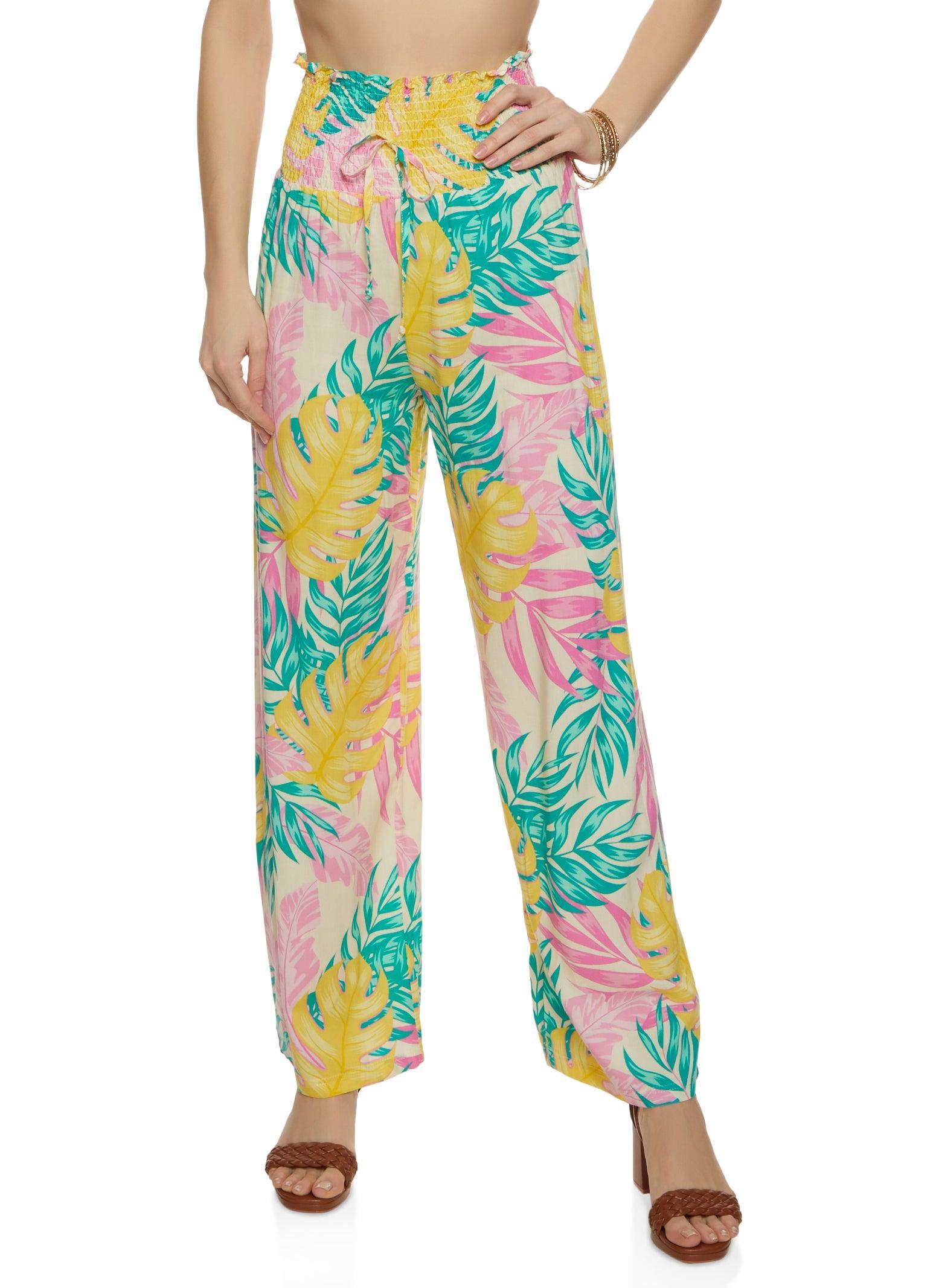 Womens Smocked Waist Tropical Print Wide Leg Pants Product Image