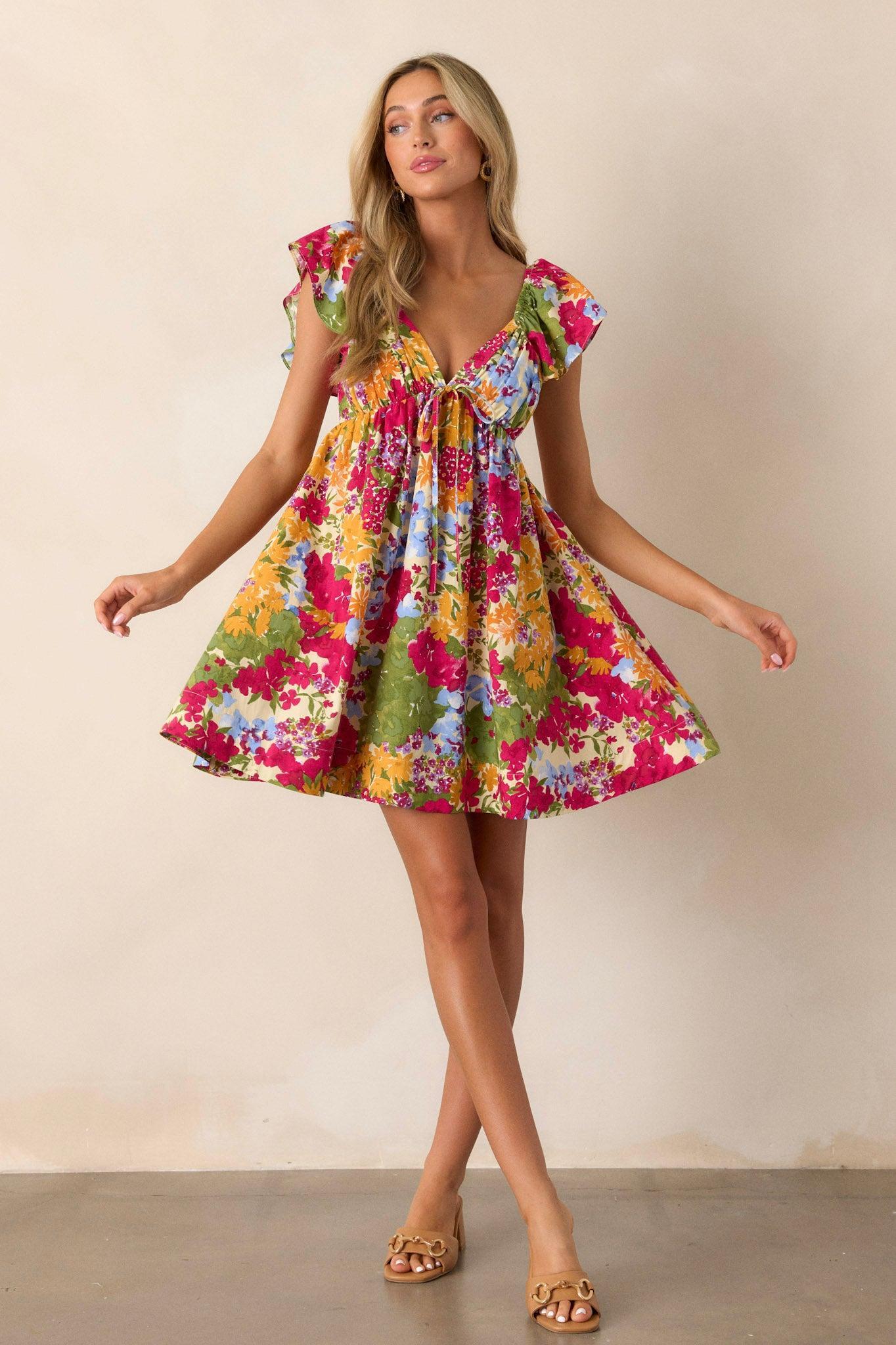 Be Alright Pink Floral Flutter Sleeve Mini Dress Product Image