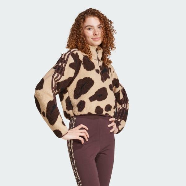 Essentials 3-Stripes Animal Print High Pile Cropped 1/4 Zip Top Product Image