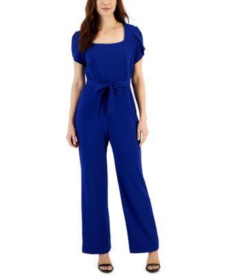 Connected Womens Petal-Sleeve Tie-Waist Square-Neck Jumpsuit Product Image