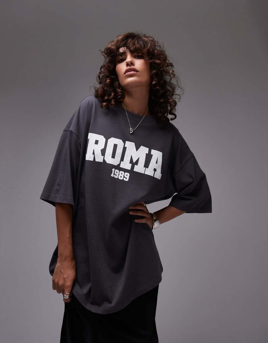 Topshop Roma 1989 graphic oversized tee in charcoal Product Image