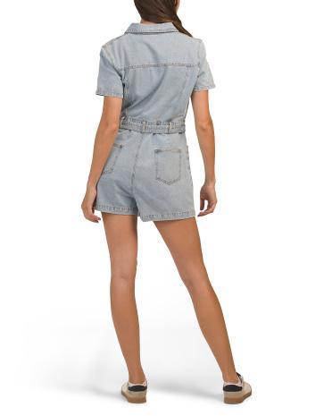 Short Sleeve Denim Romper With Belt for Women | Polyester/Cotton Product Image