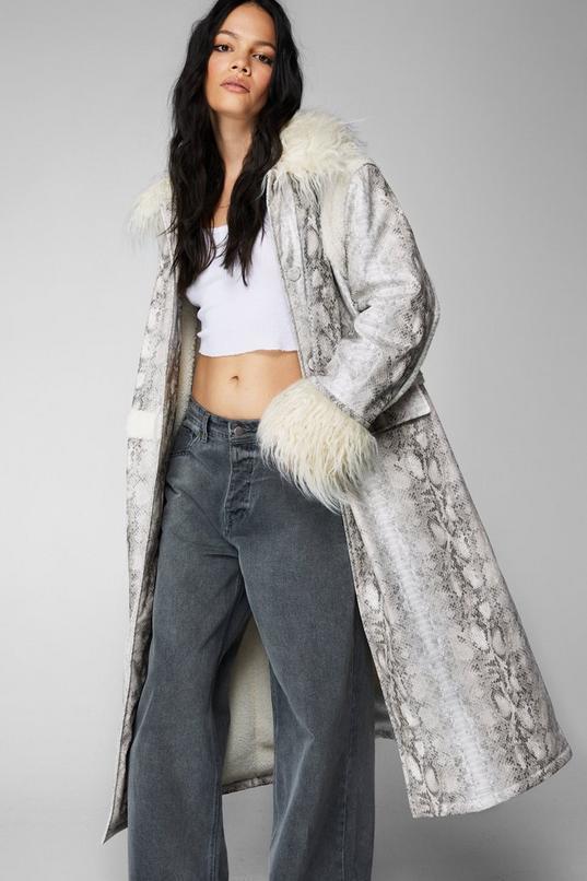 Snake Print Shearling Trim Longline Aviator Coat Product Image