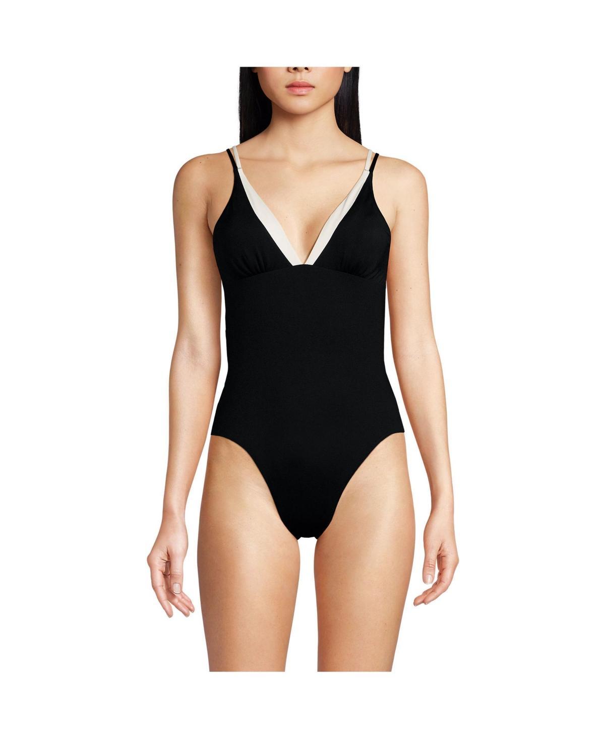 Lands End Womens Chlorine Resistant Reversible V-Neck Ultra High Leg Strappy One Piece Swimsuit - Black Product Image