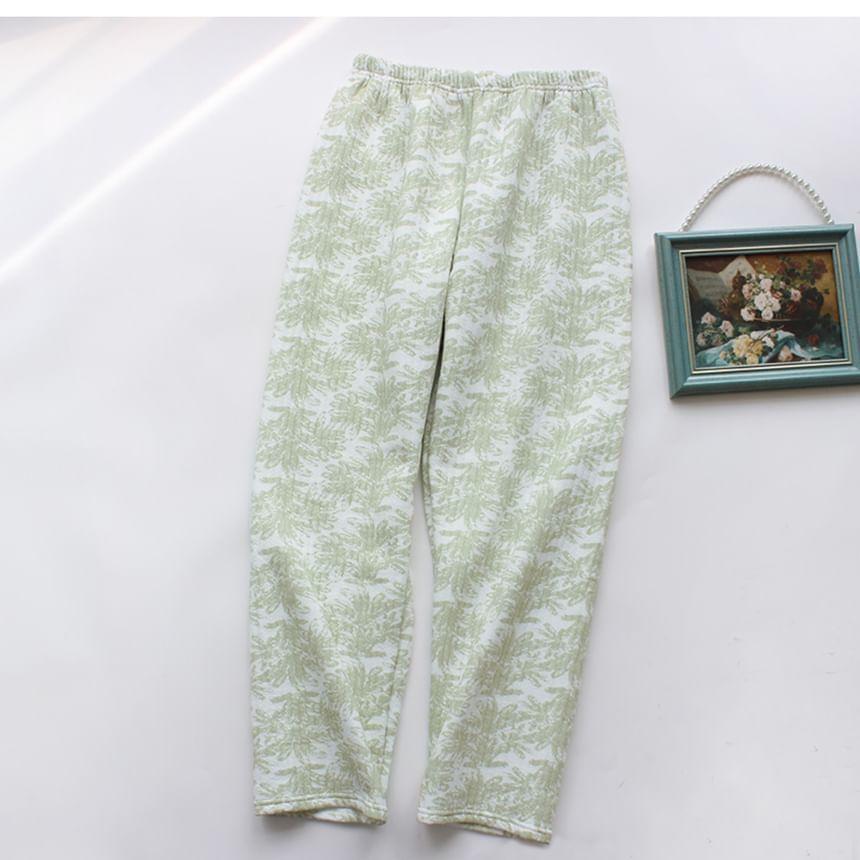 Pajama Set: Long-Sleeve Lapel Collar Leaf Print Lace Trim Button-Up Top + Pants Product Image