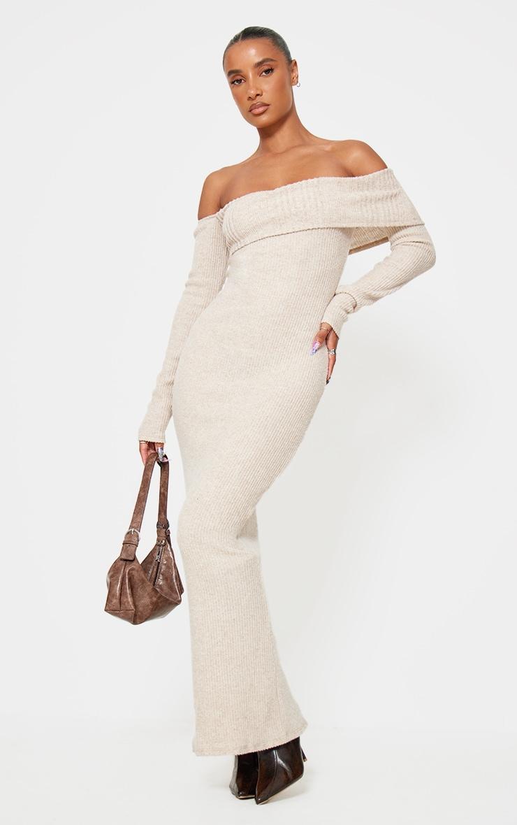 Oatmeal Brushed Rib Bardot Maxi Dress Product Image